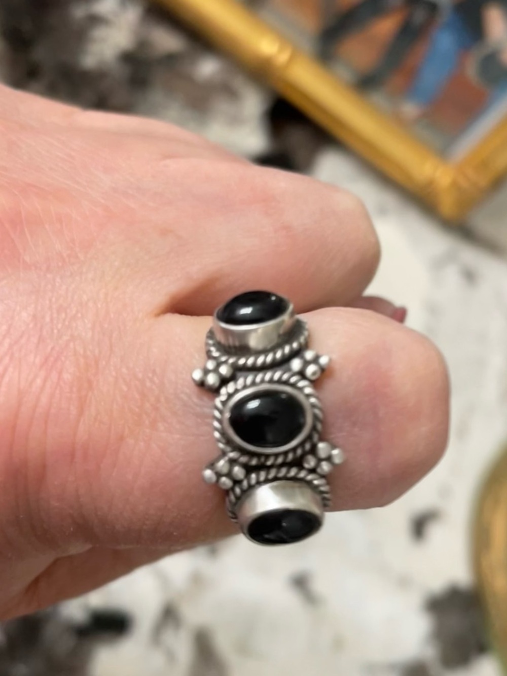 Sterling Silver 925 Southwestern Style Black Onyx Triple Stone Ring Size 7 - Picture 2 of 10